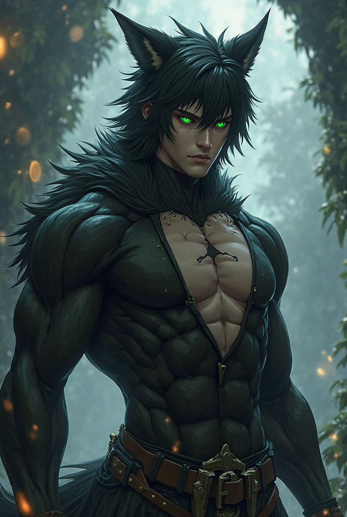 shirtless Anime guy with black hair cat ears dark skin and green eyes