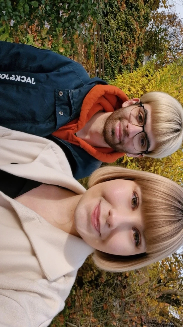 They take selfies together against the background of a tree, Mom and Dad, by Maksimilijan Vanka, Bela Nagy Abodi, 8K)), by Zofia Stryjenska, in the autumn, 8K selfie photography, in the autumn, very accurate photo, against the backdrop of trees, autumn season, by Stefan Gierowski