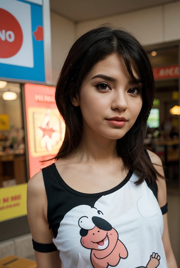 8k, RAW photo, best quality, ultra high resolution, photorealistic, 18 year old slim girl with black purple short undercut haircut, amusement park, smiling