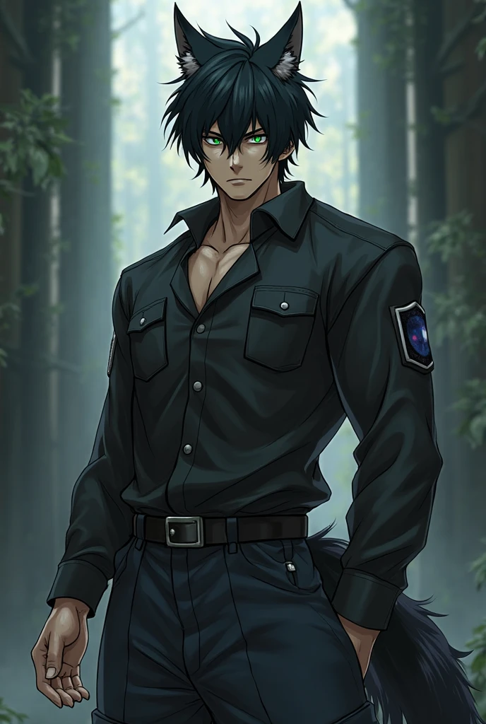 Jungle warrior,Handsome anime boy, Purple Eyes,Black short hair,Wolf ears,officer,Briefs,Special Forces,Chest muscles,action,watch