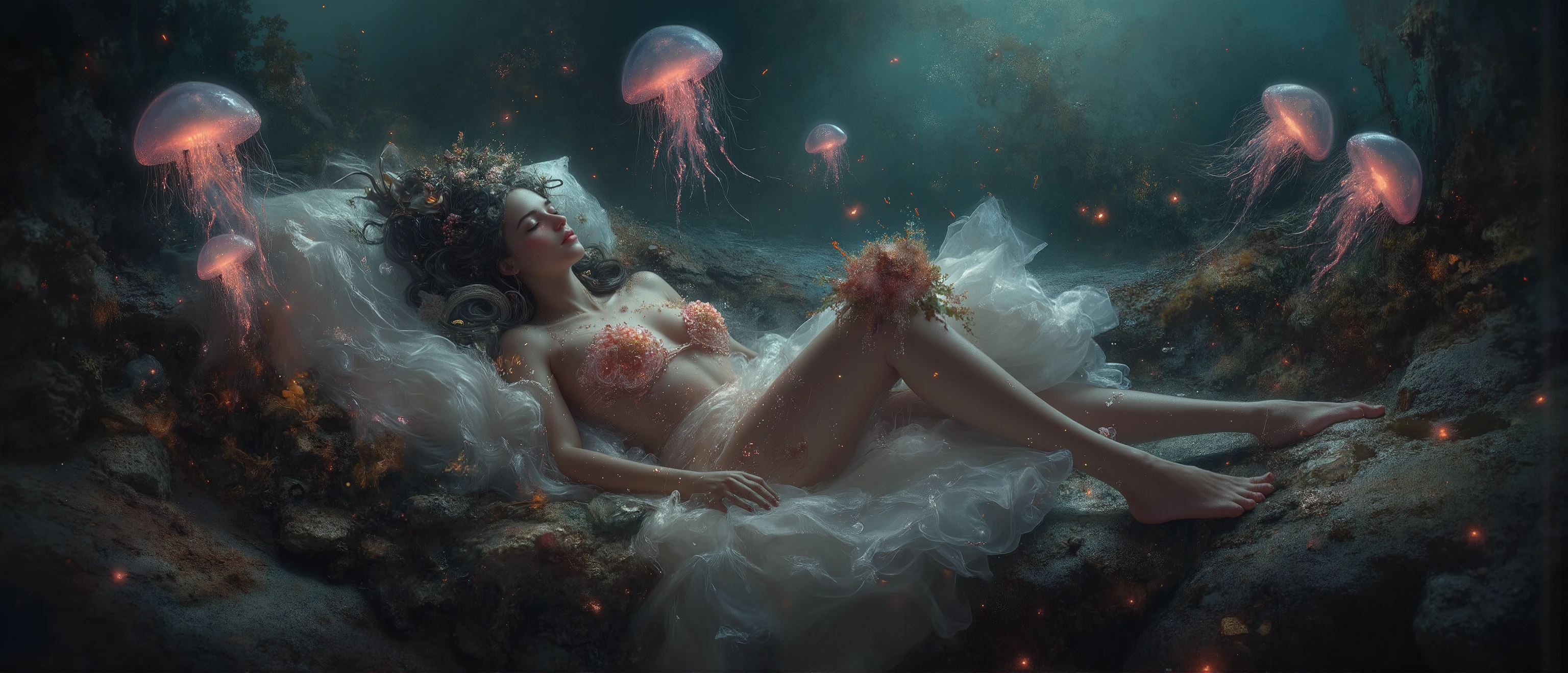 (top masterpiece:1.2, High quality, high detail, 8 k, high resolution,), super realistic, mermaid, sleeping, bottom of the sea, , epic oil painting, 16 thousand quality,  glowing jellyfish , glow-in-the-dark, under water, Dreamy, peaceful, soft lighting, fantasy genre.