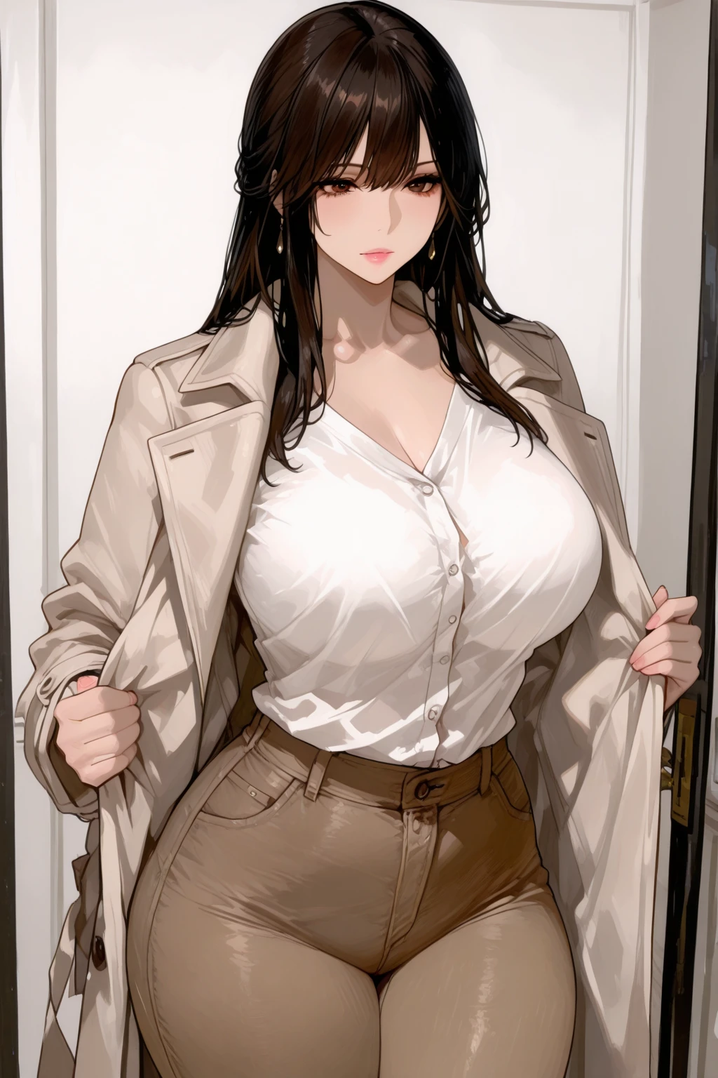 A 29-year-old girl with big marked tits, linda, Beautiful shirt, jeans, combers shoes, black wavy hair, Brown eyes, standing looking at the viewer, wide unbuttoned black coat.