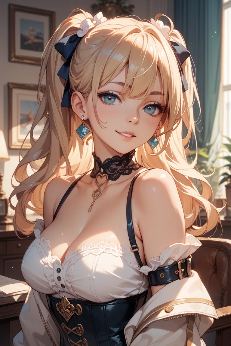 18 year old beautiful girl, big eyes, large breasts,  and slender, 8K, top quality, (very detailed head: 1.0), (very detailed face: 1.0), (very detailed hair: 1.0), maid clothes, very detailed official artwork, anime moe art style, clean detailed anime art, smile, golden hair, smooth long hair