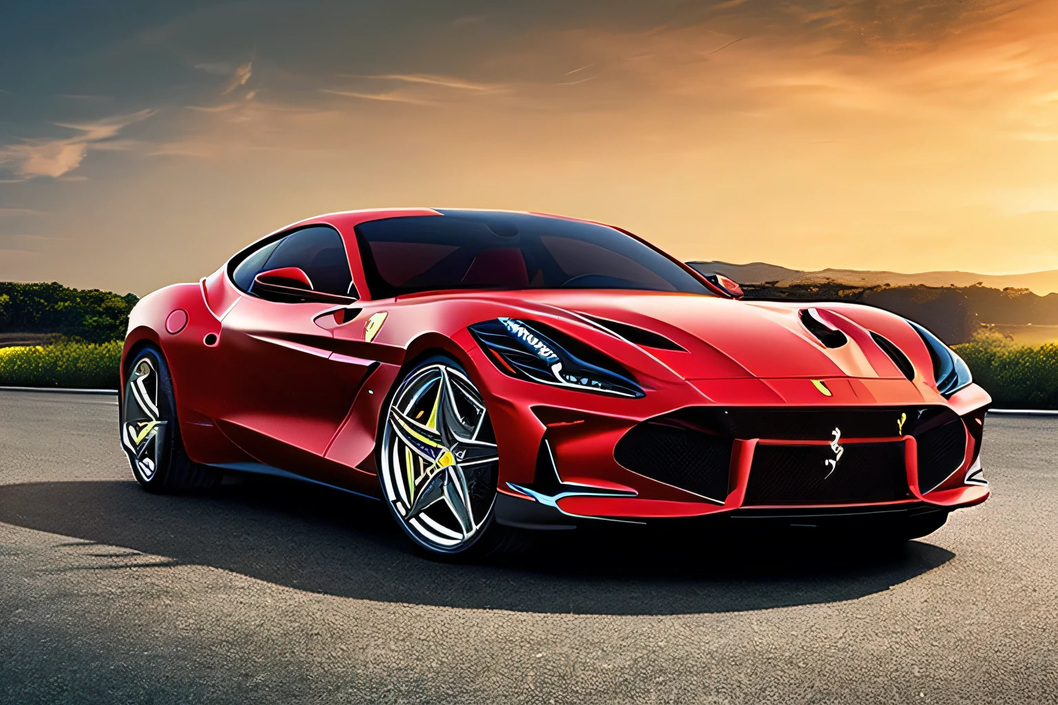 A stunning, high-resolution catalog-style image of a red Ferrari sports car, filling almost the entire frame, centered in a clean studio or neutral background. The car is shown in perfect lighting conditions that highlight its glossy finish, sharp aerodynamic curves, and luxurious design details. No distracting elements, just the car in pristine condition, as if prepared for a luxury automotive brochure. Crystal-clear reflections, showroom shine, photorealistic, ultra-detailed. Horizontal composition, 30 inch × 20 inch canvas, 3:2 aspect ratio.
