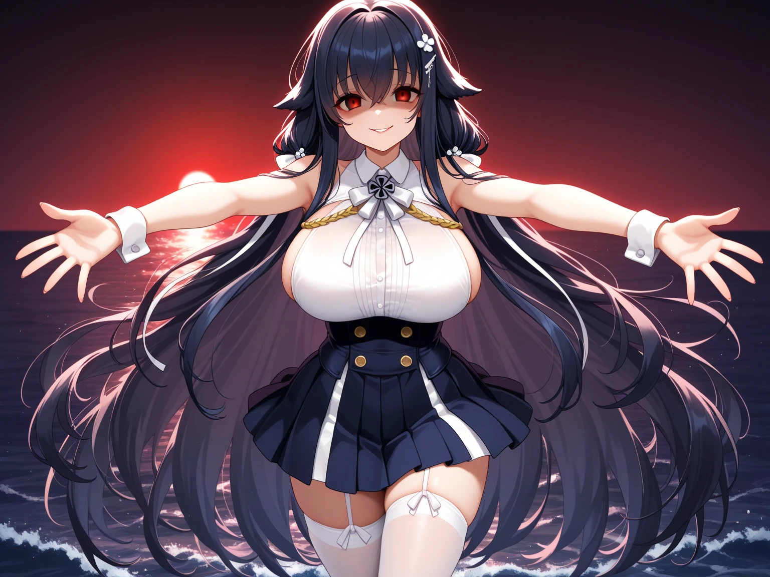 bangs, sidelocks, black hair, long hair, black hairband, perfect shiny hair, blue eyes, ultra-detailed eyes, iridescent shiny eyes,, , , empty eyes , large breasts, solo, nipple, , Heavy snowfall area,　Freezing wet crying ,naked, flooding, lightning, inferno, running, bloodshed