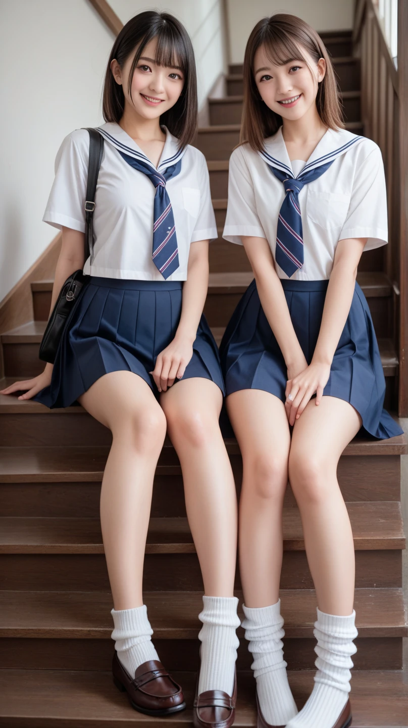 1 girl sitting on another girl's lap, 2 girls, sitting on a couch, legs open, miniskirt, high school uniform, upskirt, showing panties, white panties, panty view, cameltoe, pantyshot, raw, ultra realistic, ultra detailed, best quality, 8k, wallpaper,