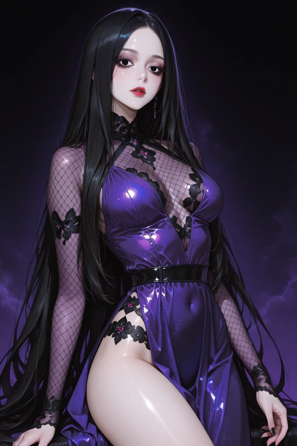 goth woman, Asian, medium breasts, brown eyes, slim eyebrows, long black hair, bangs, black makeup, dark purple dress, smiling, hand on chest, blue star pattern
