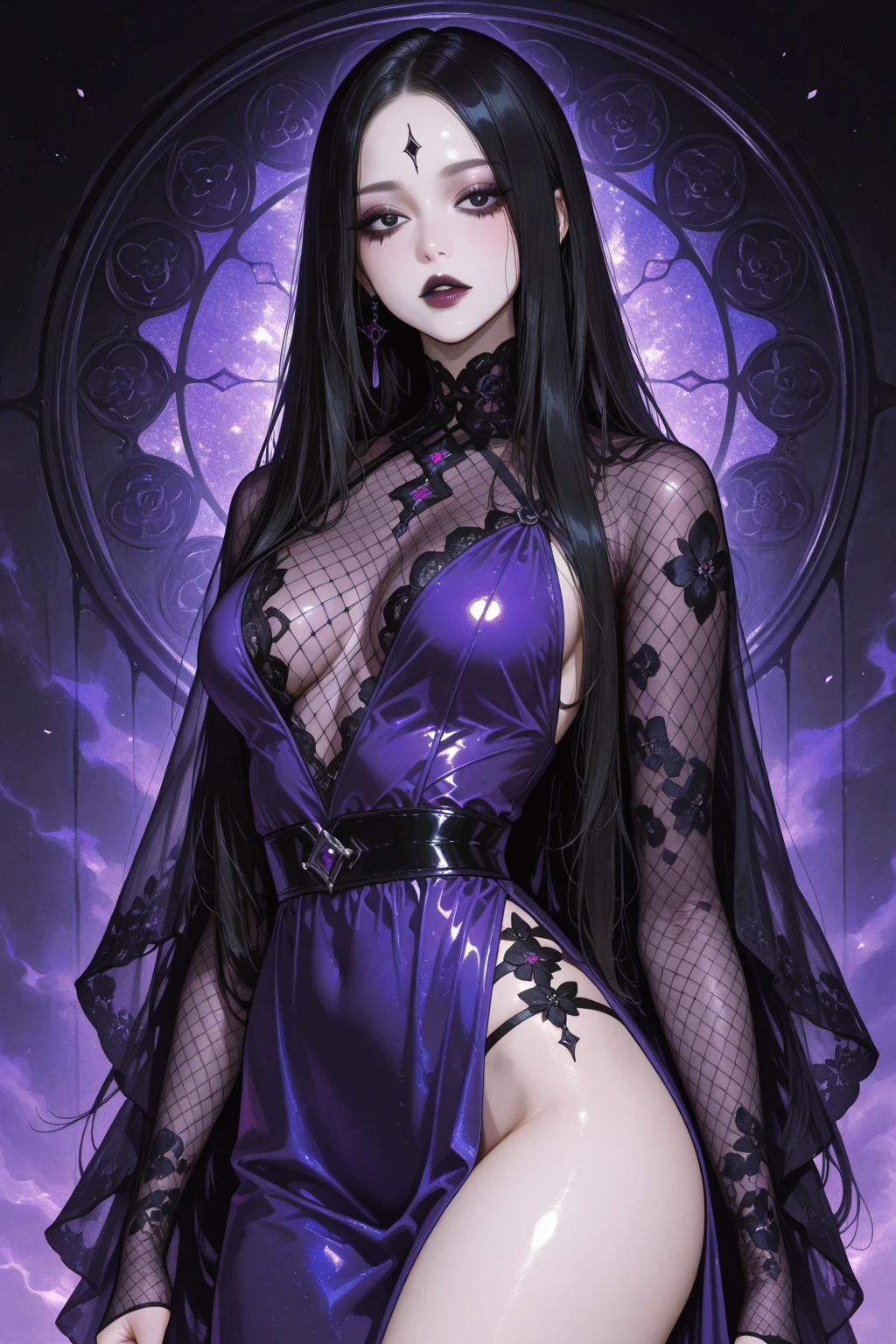 Fishnet lace dark black light silk shirt，Tall，Slim and slender，Enchantress，Seductive，Ghost Decoration，Long black hair，There are some purple and white lines decoration，Peerless，Charming，Romance，Zidai makeup