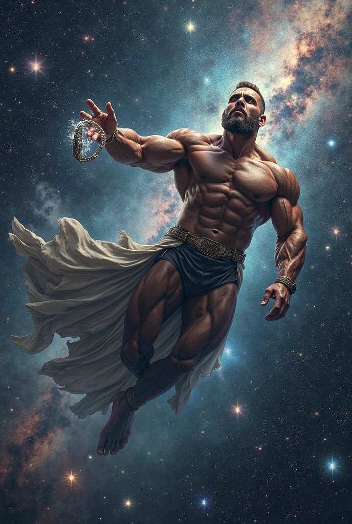 An imposing lion with humanoid body, ancient Greek style, full body, greek clothes bright eyes, ultra realistic photography, with blue nebula and purple background 8k, realistic texture, dynamic composition, Fujifilm XT2, 85mm F1.2, shutter speed 1/80, (bokeh), high contrast