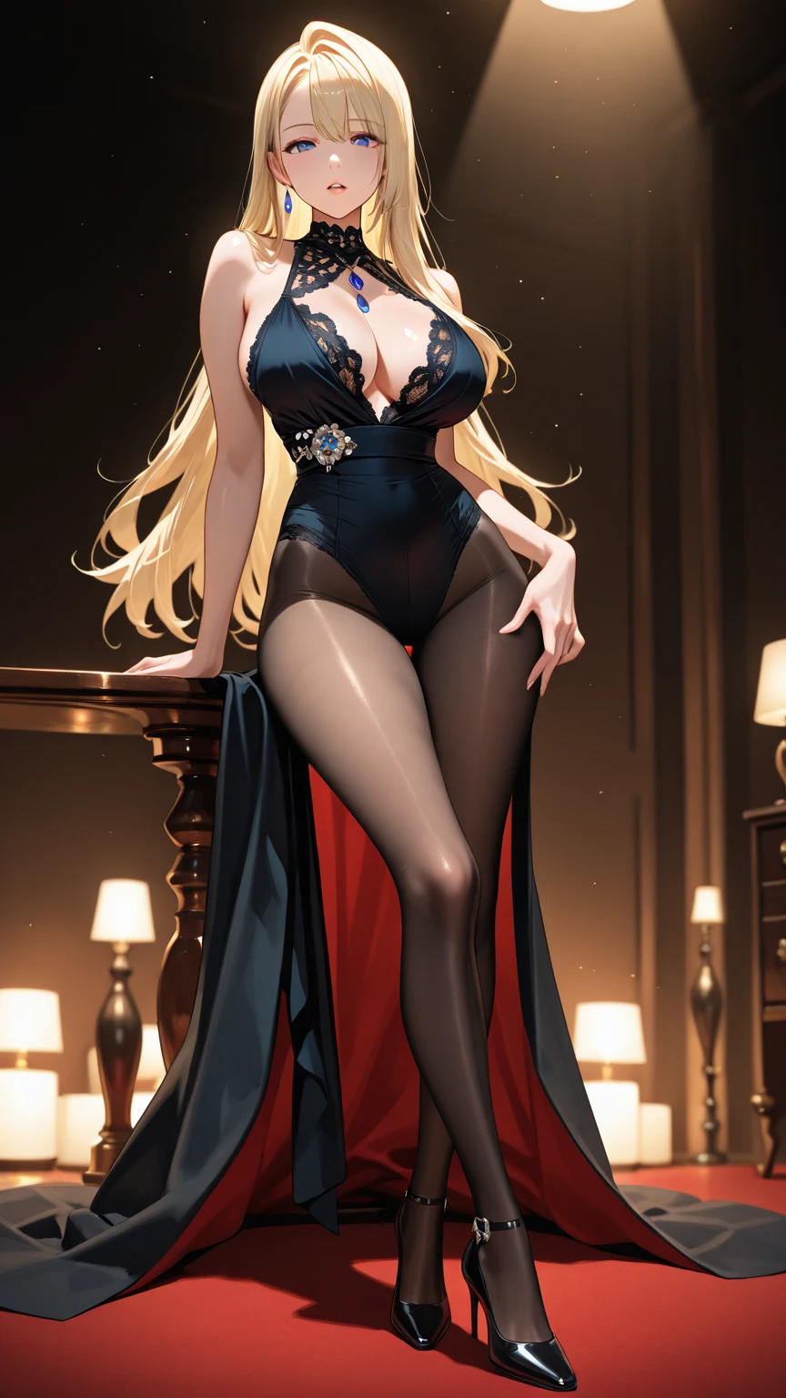 high quality fingers, normal hands, detailed fingers, masterpiece, (realistic, photo-realistic:1.37), (full body:1.5), High-end editorial-style photoshoot highlighting the beauty of a woman with blonde hair and bright blue eyes, dressed in a chic red and black corset, thin waist, seductive smile, large tits, perfect body, perfect face, (full body:1.5), set within the refined atmosphere of a Victorian ballroom. Stylish, elaborate jewelry made with expensive gems.