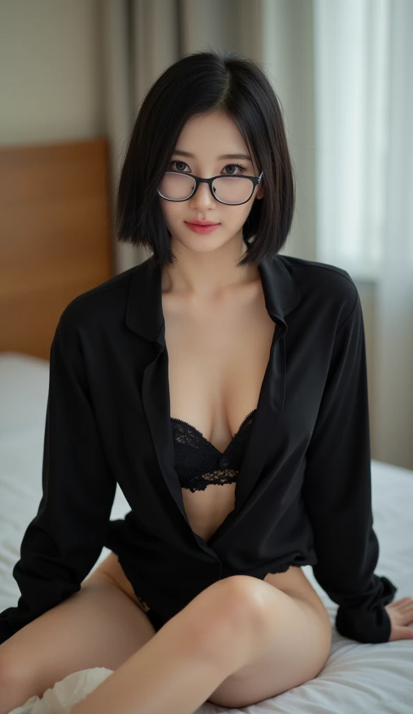 Gender:Femboy, oversized shirt,only in panties,black stockings, High quality, Masterpiece, thick thighs, bedroom background,random pose,short black skirt,Round glasses