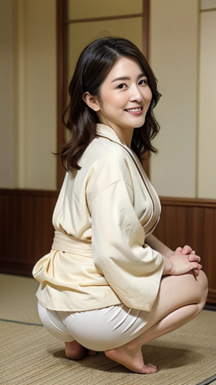 High resolution,8k, judo場、((Beautiful woman)), ((43 years old)), Sexy Woman, Supermodel body type,  Shapely small breasts, Light brown curly hair, (((judo)))、(((Submission)))