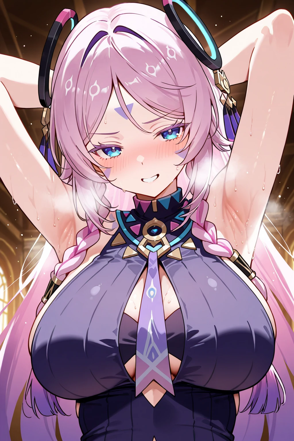 Purple hair, pink eyes, elf ears, long eyelashes, idol, mic, big , bimbo, pig tails, juicy lips