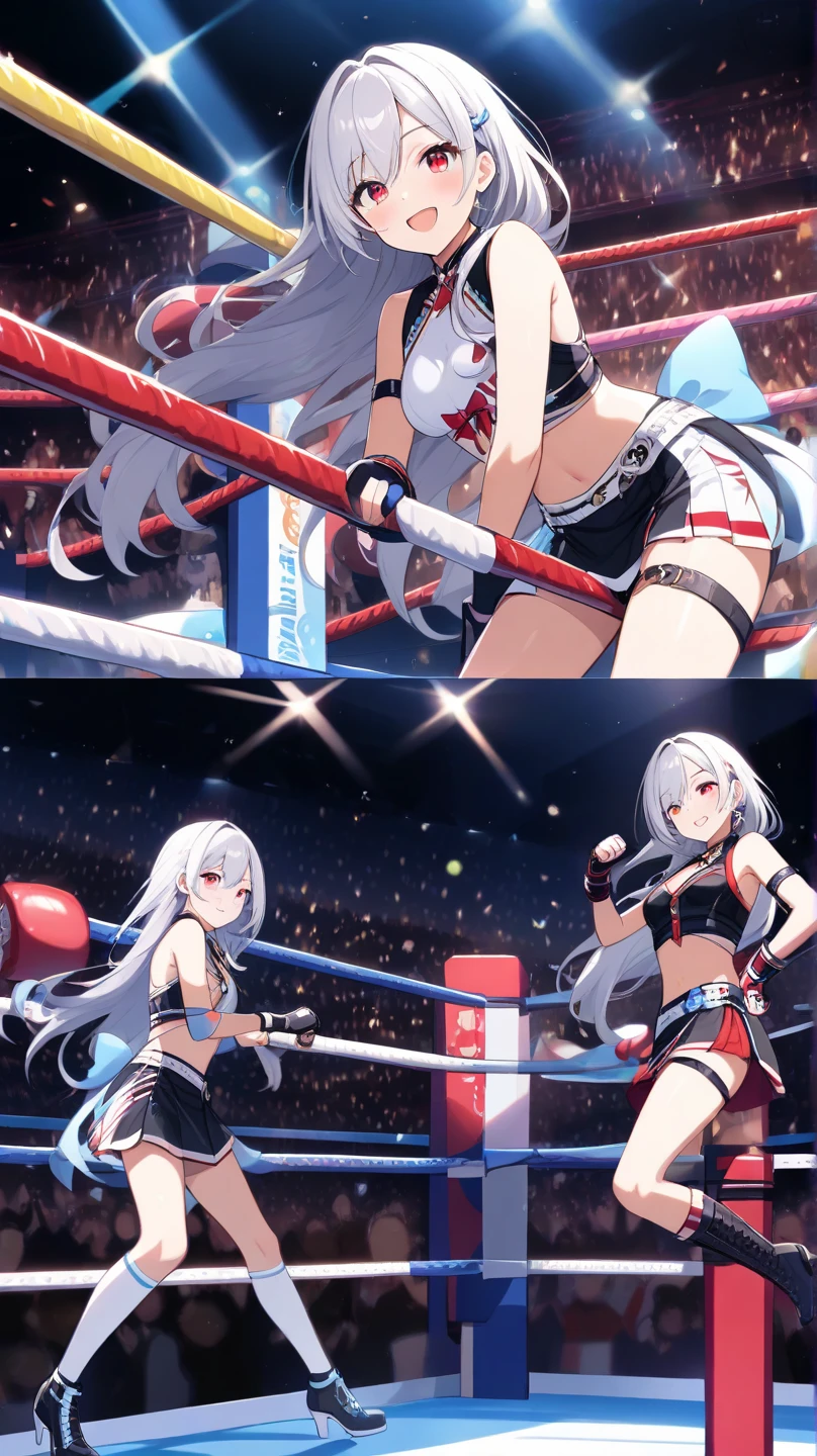 ((( uma mulher em um ringue de boxe, in floor, pose de boxe, dynamic movement, 1 menino, crowd of people looking))), olhos lindos, garota linda, pele com alto detalhe, Olhos de alto detalhe, cabelo com muitos detalhes, high resolution, ultra detalhado, afiar imagem, altamente detalhado, Obra de arte, melhor qualidade, Fotorrealista,
1 garota, cabelo curto, Bracelete, roupa de luta livre, gola alta, marca facial:1.2, pulseira, botas de joelho, estrela dourada no peito