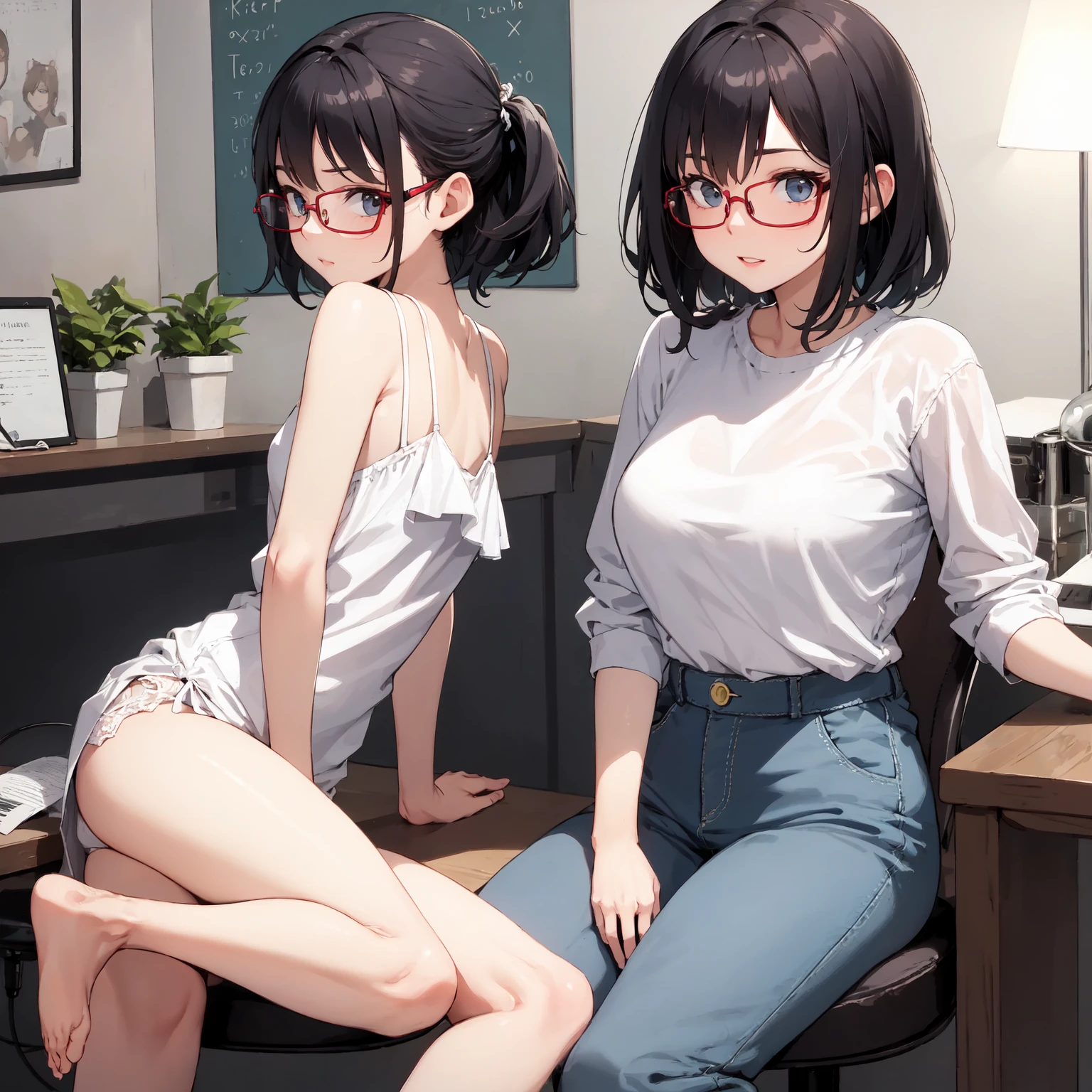 A gorgeous and distant girl,having a ponytail,wearing casual shirt and hot pants,thick thighs,fleshy thighs,revealing her thighs,big natural breasts,huge round breasts,busty young girl,supermodel figure,perfect body,teen,wearing glasses,sitting on the podium