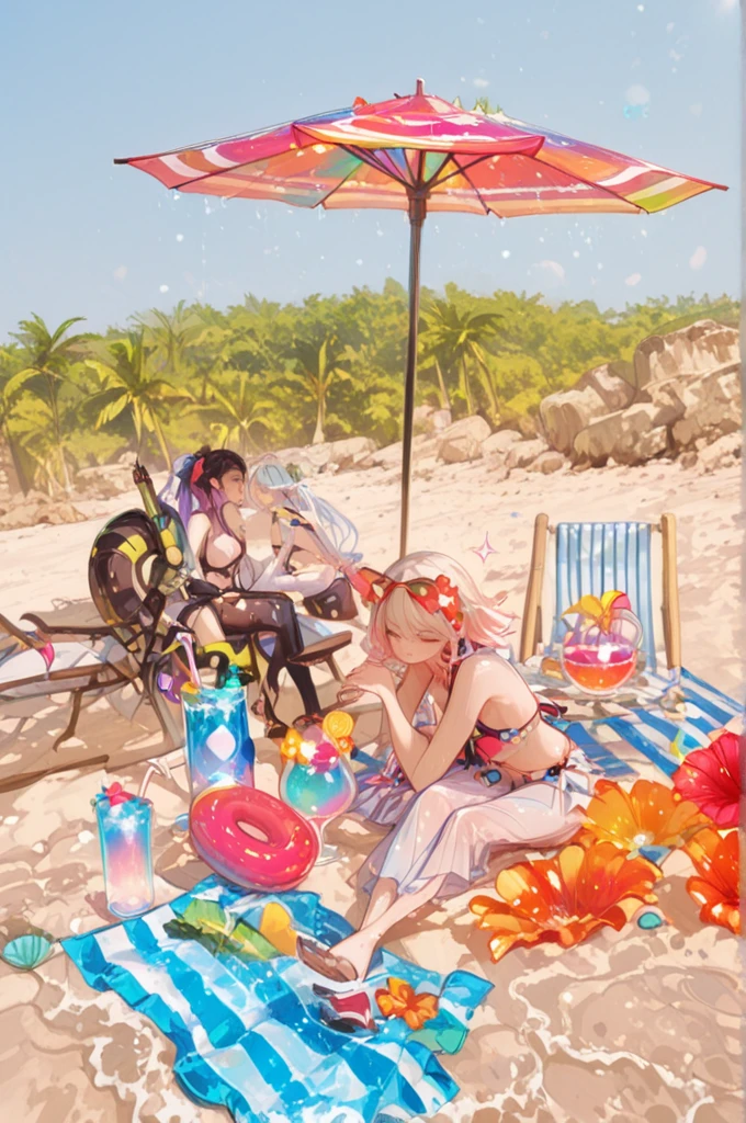 Two women lying under umbrellas on the beach,fruit platter， sunny day at beach, relaxing at the beach,