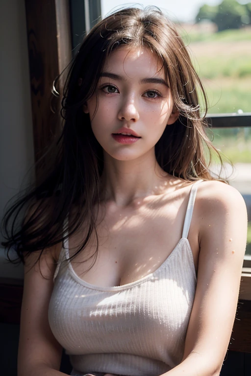 (best quality, masterpiece:1.2, ultra-high resolution, (realistic:1.4), original photograph, a schoolgirl in a uniform, 3D, realistic, large breasts, cleavage, long hair, blouse, jeans, clouds, sky, outdoor activities, post-apocalyptic, ruins, landscape, trees, water, dreamy makeup, glamorous, fresh portrait, (fade in fade out high-top:1.3), dark theme, soothing tones, soft colors, high contrast, (natural skin texture, surrealism, soft lighting, sharp)