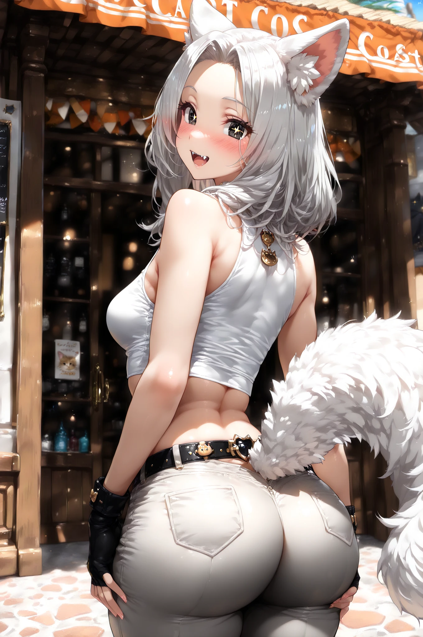 NSFW,masterpiece,Highest quality,High resolution,Super detailed,Shirakami Fubuki\(Hololive\),Gray Hair、One-sided braid、Ahoge、Earrings,Fox ears,Fox tail,Crop top shirt,Sleeveless,Low-rise denim shorts,Embarrassed,blush,Expecting face,(??????? face),(Adult Shop),(Underwear section),(Naughty shop),Cute pose,Date,(Seduce),(Middle-aged men),(Having ???),Insert your dick,????????,(Squirting),From the side