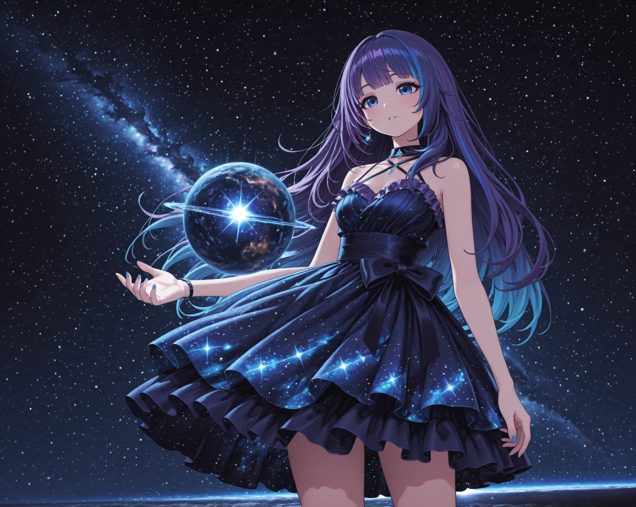virtual youtuber, aoi_costume4, multicolored hair, streaked hair, purple hair, blue hair, long hair, blue eyes,{{masterpiece}}}, {{{best quality}}}, {{ultra-detailed}}, {illustration}, {{an extremely delicate and beautiful}},anime style,1girl, long dress, ruffled dress, galaxy print dress,galaxy, space,