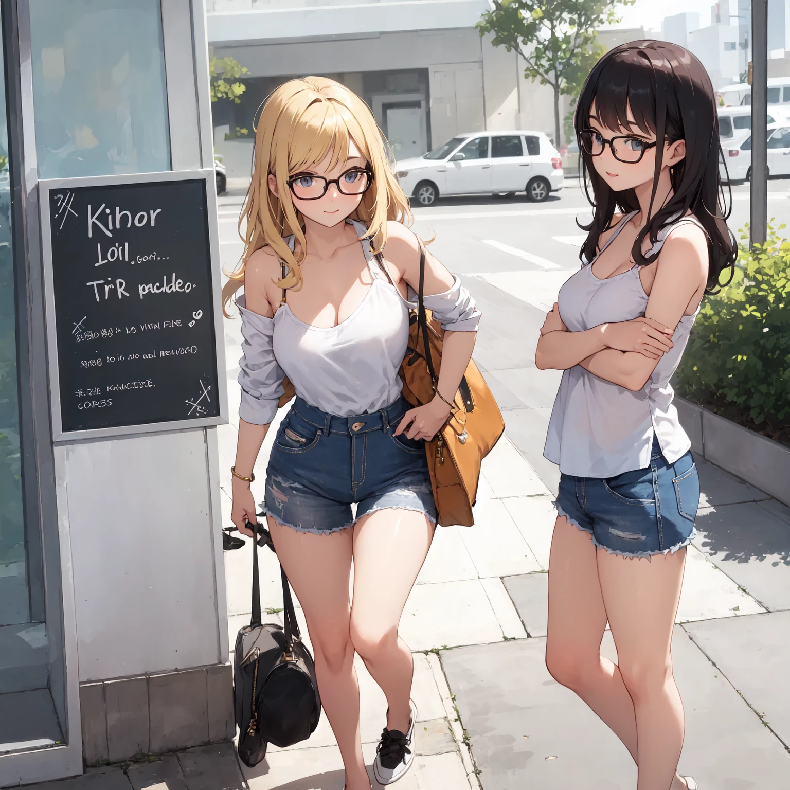 ((1girl)), one 21 year old girl, blonde hair, glasses, choker collar, red bra, jean shorts, standing, cowboy shot, shopping, street, dramatic lighting, cinematic lighting,