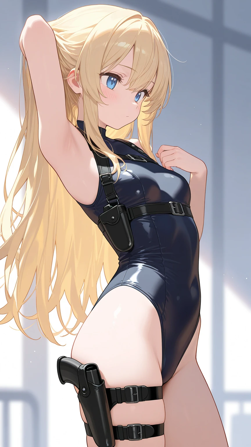 long hair, Watery eye, ((female prisoner),prison,((prison)),restraint,Japan anime,standing position,small breasts,girl,((Loli)),twin tails,High leg,leotard