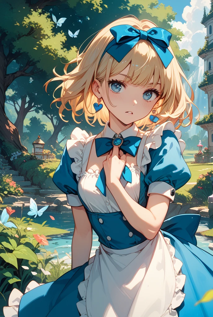 anime styled, High definition illustration, Perfect drawing, Anatomically accurate drawing, alice in the wonderland, In a forest bathed in bright sunlight, beautiful blonde girl lying on the ground, ((seminude:1.5)), light blue ruffle short dress, Layering a white apron, Disturbed clothing , teats, Female  in the  area