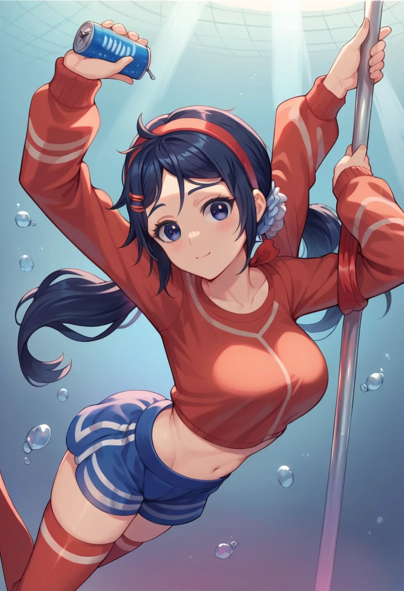 <lora:homura_v1.0:0.8>,homura_\(senran_kagura\), ponytail,black hair,hair_ribbon, long hair,dark-skinned_female,black neckerchief, sailor_collar,fingerless_gloves, swimsuit,short sleeves,underwater, cowboy shot, grin,from above,, masterpiece, best quality, extremely detailed face, sharp details, high contrast,