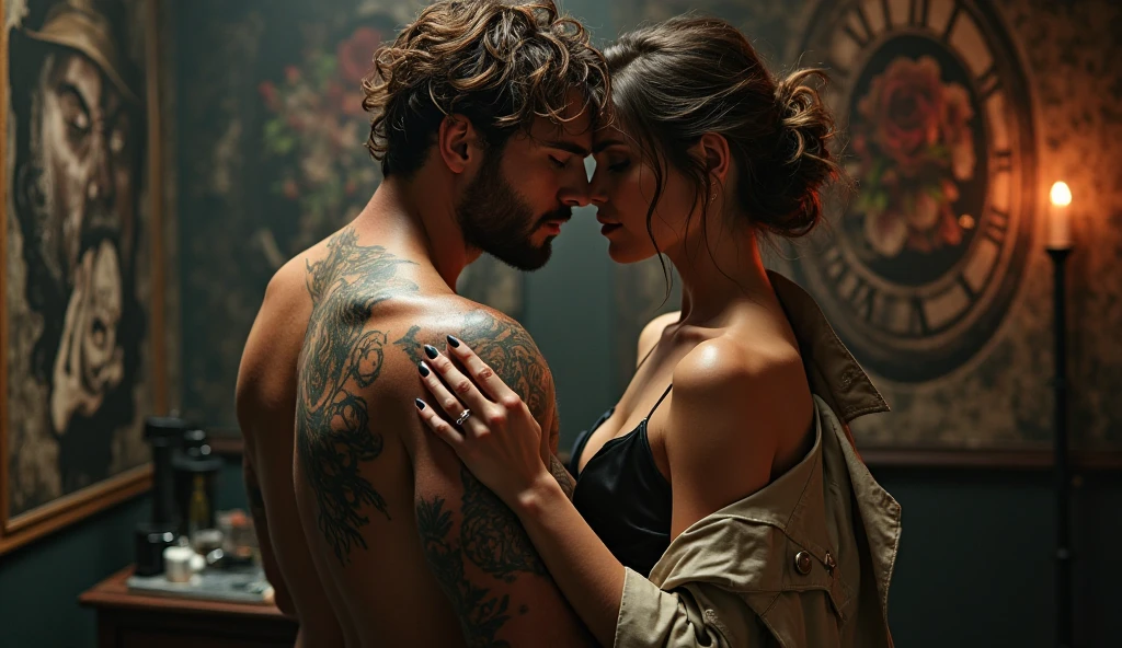 Fais un homme avec une femme sur ses genoux, ils sont nus.