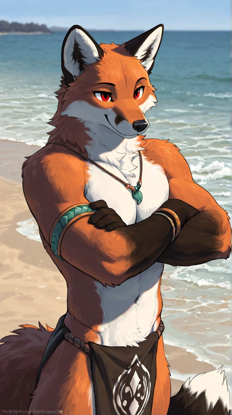 close up, furry, anthro, giant maned wolf, maned wolf ears, maned wolf tail, orange, white and brown fur, messy fur, neck floof, brown fluffy mohawk, brown eyes, razor sharp teeth, slim body, handsome, slender, really long arms, really long legs, tall, wearing floral swimming shorts with a gigantic bulge, black anklets, pawpads, black pawpads, ((best quality, 4K, UHD, masterpiece)), splashing around in water at the beach, sunny day, alone,