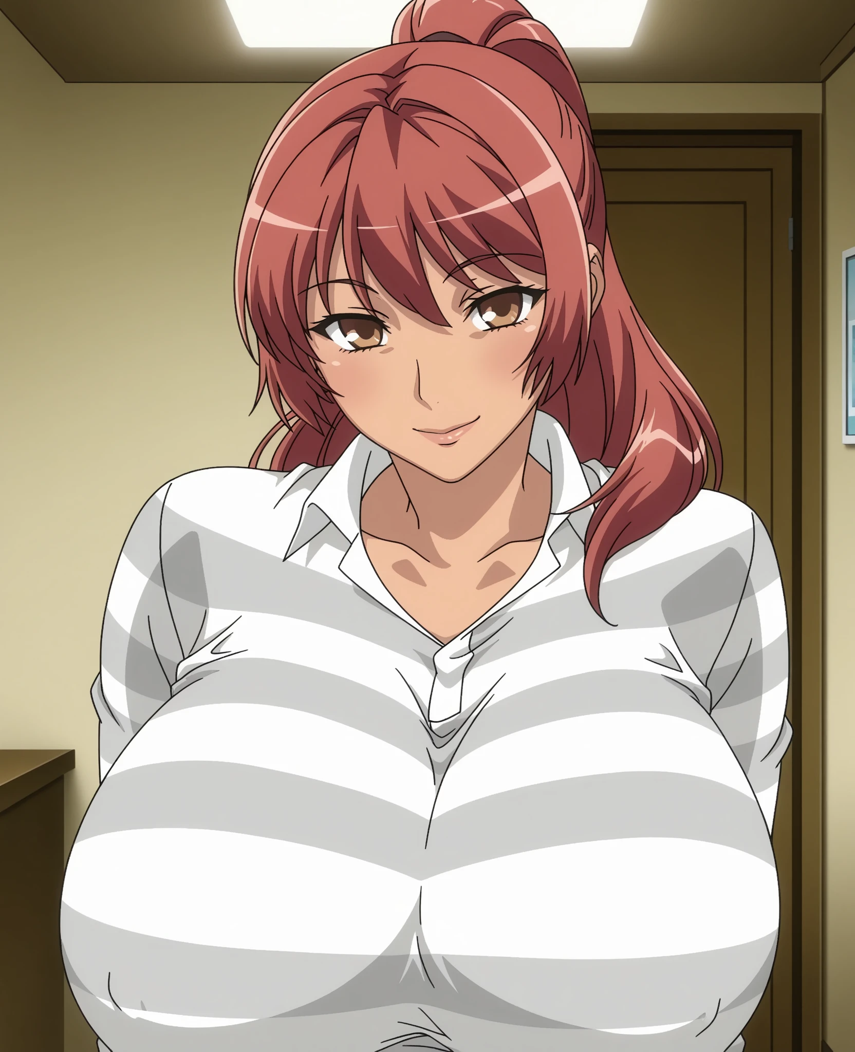 Megumi -san,standing, blue jeans,white and gray striped shirt long sleeves,