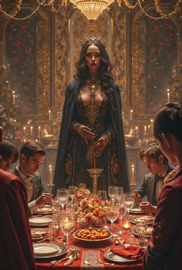 Uma mulher madura de 40 anos, olhos verdes de pele clara, cabelos vermelhos longos, borda da cintura;, with a gold crown studded with diamonds on the head of the blood red satin corselet medieval type , Blood red satin long skirt A necklace with ruby jewelry around the neck Red colonial-style gloves Smoking with your Cigarillo Have a drink with a black fan , vermelho e dourado, com um gato preto sentado do lado,inside an old cabaret surrounded by 3 distinguished gentlemen , aristocratas , de capa e cartola