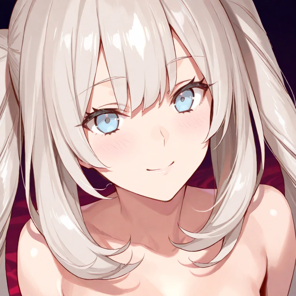 1 Girl, NSFW, Nude, Naked, Nice Nipples, Nice Pussy, Nice Tits, Fully Nude, Medium Breasts, Blue Eyes, Heart Eyes, Platinum White Hair, Twin Tail Hair Style, Pale White Skin, Smooth Skin, Face Freckles, Nice Cleavage, Slutty, Sexy, Sassy, Smirking, Tease, Teasing, Close Up, Upper Body Shot, Teasing, Sexy Pose, Crouching Down, Spreading Legs Open,