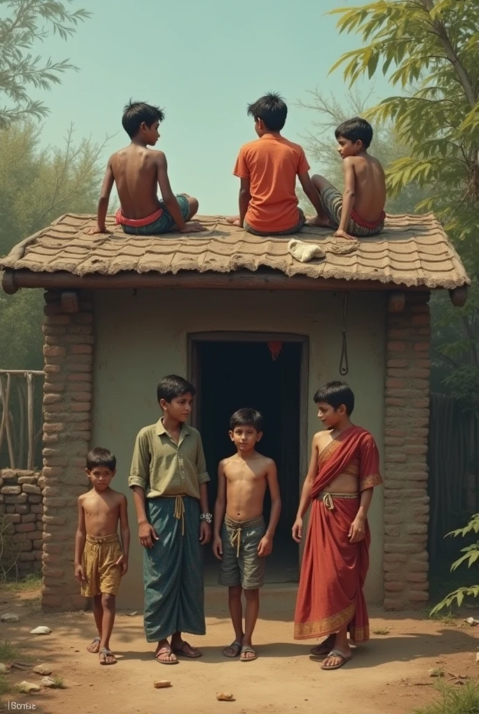 Pakistani boys gather on a weathered wooden bench in their quaint village, surrounded by lush green fields and traditional mud-brick houses. The gentle hum of cicadas fills the air as they share laughter and stories, their faces bathed in the warm glow of a setting sun. Nearby, a charming mini shop with faded advertisements offers nostalgic treats and essentials, evoking a sense of timeless simplicity and rural charm