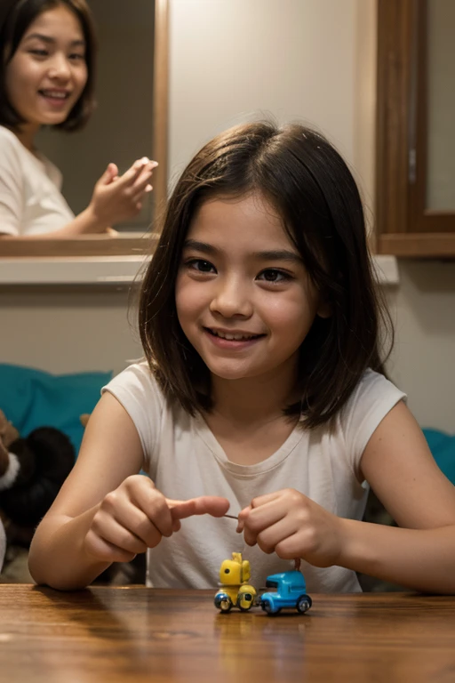 A cheerful with brown hair and short hair is depicted in this artwork. The is barefoot and wearing a bracelet on their wrist. They have a fixed-form shapeshifting ability, which is visually represented by real dog ears and a tail. The has striking red eyes and is also wearing an earring and a ring. The artwork focuses on capturing the innocence and joy of childhood, with a vibrant and playful color palette. The lighting is soft and highlights the child's features, creating a warm and inviting atmosphere. This artwork is created using various media, such as illustrations and digital painting. The emphasis is on creating a high-quality masterpiece with ultra-detailed features and a realistic, photorealistic rendering.