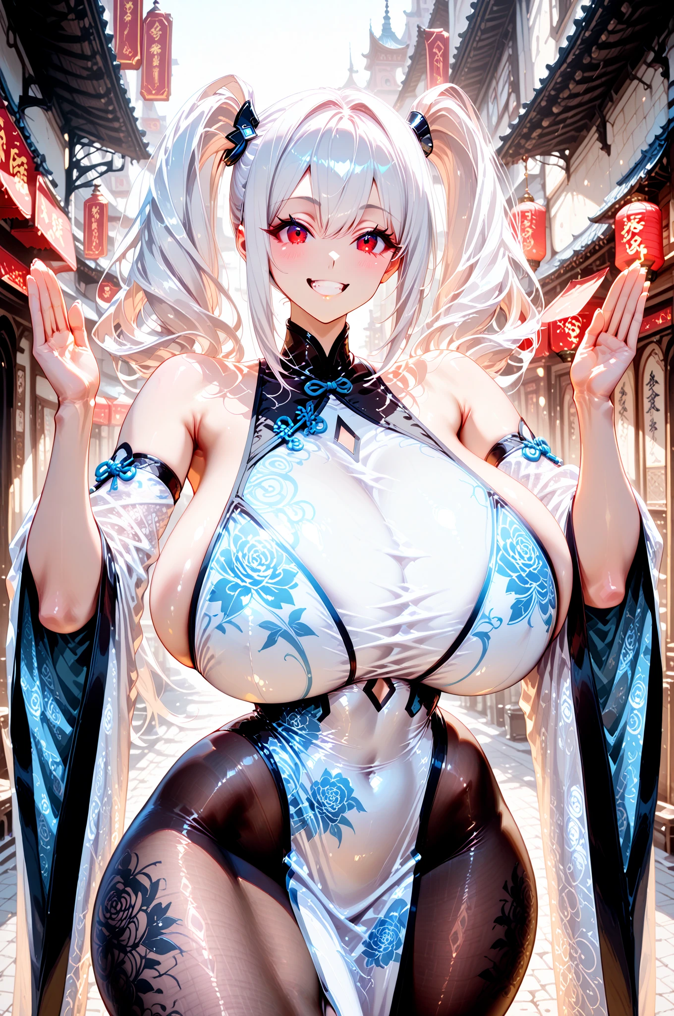 actual, , white hair, big eyes, Smile，open mouth，big breasts，glowing eyes，open lips, blush, daytime，background orc ears，Fox fairy，Kimono decoration，sexy，exposed，charming smile，Half-dressed kimono，white fox ears，White pink fox tail，high thigh slit，，Exquisite background，Mature，red background，Warm colors，red sleeves，Bright colors，white hair，Sense of lens,Lying in bed，Mature women