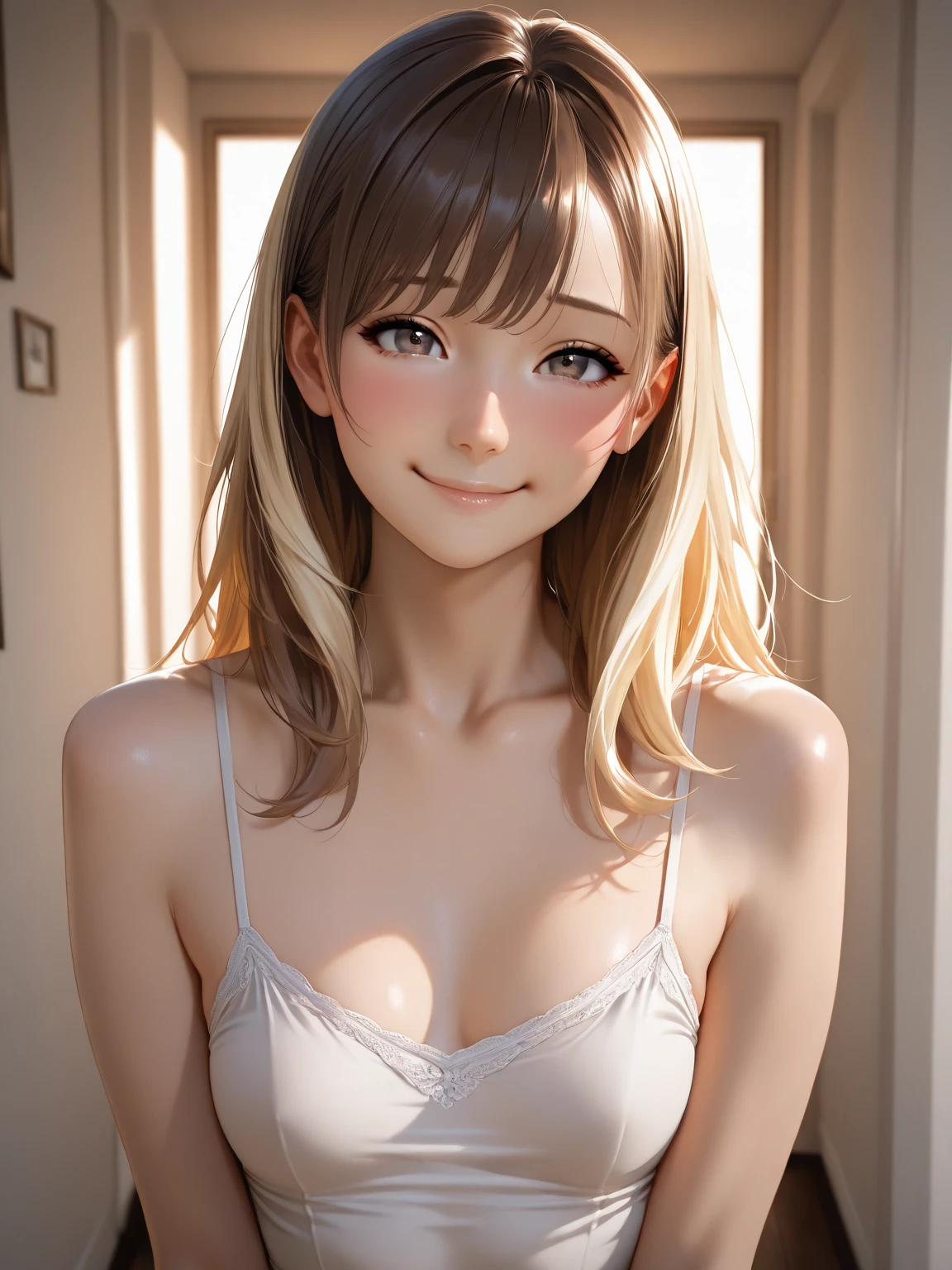(Mastepiece:1.3), It is high resolution., Super detailed, Highly Detailed CG Unity 8k Wallpaper, Realism, photo-Realism, Raw photo, Beautiful detailed face, Light skin, Realism glistening skin, Detailed cloth texture, Detailed hair texture, Perfect Body, Beautiful face, correct, Anatomically correct, Highly detailed face and skin texture, Natural neck length, (Beautiful hands and airy skin:1.2), Slim legs, Slim legs, BREAK, Detailed eyes, Symmetrical eyes, Light brown eyes, Double eyelids, Thin eyebrows, (Glossy lips:1.4), ((Smiling Kindly, Waiting for a kiss:1.2)), (blush:1.1), BREAK, (Classy and cute girl:1.3), Large Breasts, (Slender figure:1.1), Strong abdominal muscles, Beautiful clavicle, (Blonde Hair, Wavy Hair, Long Hair:1.2), ((Asymmetrical bangs:1.2)), BREAK, ((stand in the reception area, A posture of leaning forward:1.1)),Looking at the Viewer