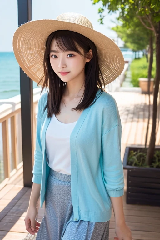 Beautiful woman on a beautiful sea background, Fluorescent yellow  cardigan, 