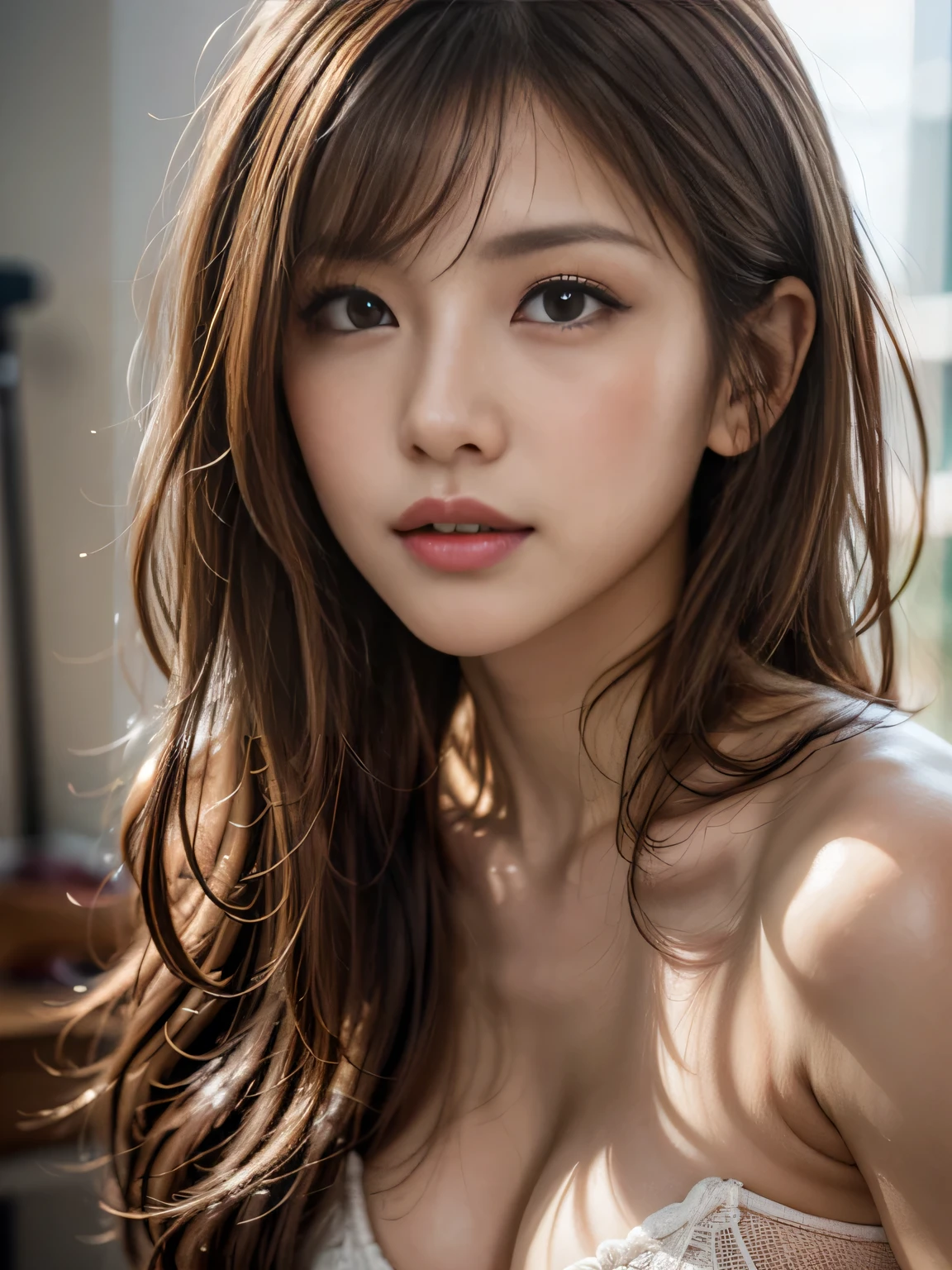 ((Realistic lighting、top-quality、8K、​masterpiece:1.3))、Clear focus:1.2、1girl in、beauty with perfect body:1.4、Slim abs:1.1、((dark brown  hair、Colossal tits:1.3))、(Wearing ultra-thin black lace underwear:1.4、Gray stockings:1.2、)、(outside of house、Daytime:1.1)、the city street、Super fine face、Narrow-eyed、二重まぶた、Put your hands on your head、lying on one's side on bed、Open your crotch、Seduce me with a sexual expression、Detailed mouth、１８Japan years old、