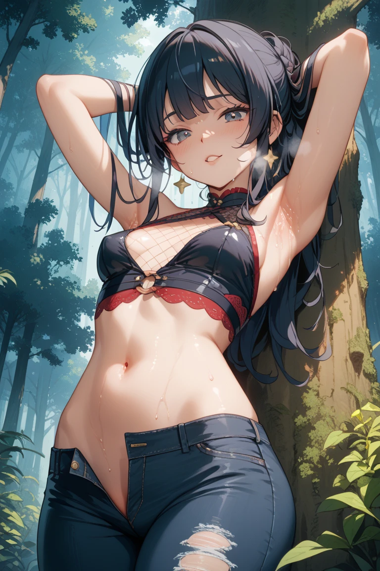 senjumaru shutara, (long hair, bangs, blunt bangs, black hair, sidelocks:1.5), (black eyes:1.5), makeup, lipstick, red lipstick, mechanical arms, sweating, glowing eyes, heavy breathing, breasts, 1girl, navel, cleavage, bare_shoulders, looking_at_viewer, solo, pants, large_breasts, standing, tattoo, long_sleeves, thighs, floating_hair, tree, toned, "Photorealistic, Hyperrealistic, Hyperdetailed, analog style, soft lighting, subsurface scattering, realistic, heavy shadow, masterpiece, best quality, ultra realistic, 8k, golden ratio, Intricate, High Detail, film photography, soft focus", sweating, steaming body, fog, (anime coloring, anime screencap:1.5)