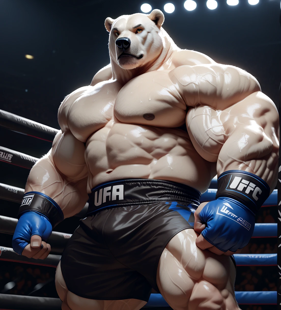 A huge muscular white polar bear, shirtless and topless, with short white hair, a white beard, and a white mustache, wearing a pair of black competitive briefs that has a gold waistband, and two golden sashes, in a gym fitness center background, looking at the viewer and acting all bulky, masterpiece, best quality, 8k, highres, photorealistic, studio lighting, extremely detailed, physically based rendering, vivid colors, correct anatomy