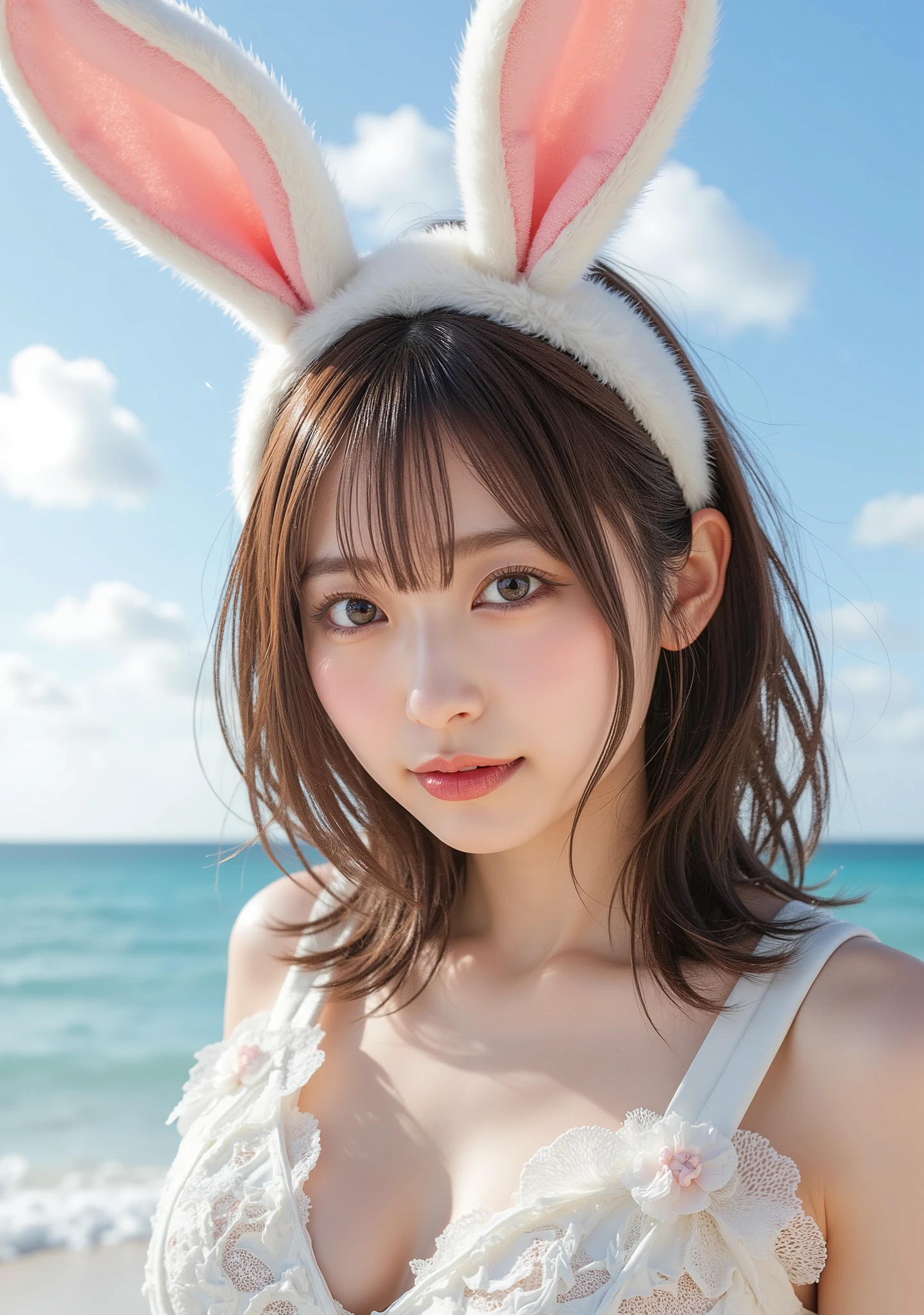 Single shot on a beach in Hawaii、Gravure photography、rabbit ears stick out of the head,,,,,,,,,,,、hawaii、Pink hair、Pink rabbit ears、1 girl in、独奏、White bra、white panties、masterpiece、top-quality、realisitic、Hyper-detailing、(Glossy skin、be sweaty:1.4)、absurderes、Looking at the camera、short pink hair、Brown-eyed、Slender beauties、动态照明、hight resolution、foco nítido、depth of fields、Detailed eye、Sharp eyes、Realistic eyes、(small tits:1.6)、(thick thight:1.0)、Protruding pubic hair、Beautiful shaped、Beautuful Women:1.4、Slender Abs:1.2、((Short-cut bob hair))、((small tits:1.4))、((k pop:1.3))、((Lingerie 1.5))、Highly detailed facial and skin texture、((the pose))、((魅惑的))、Anatomically correct number of fingers、Correct anatomy、