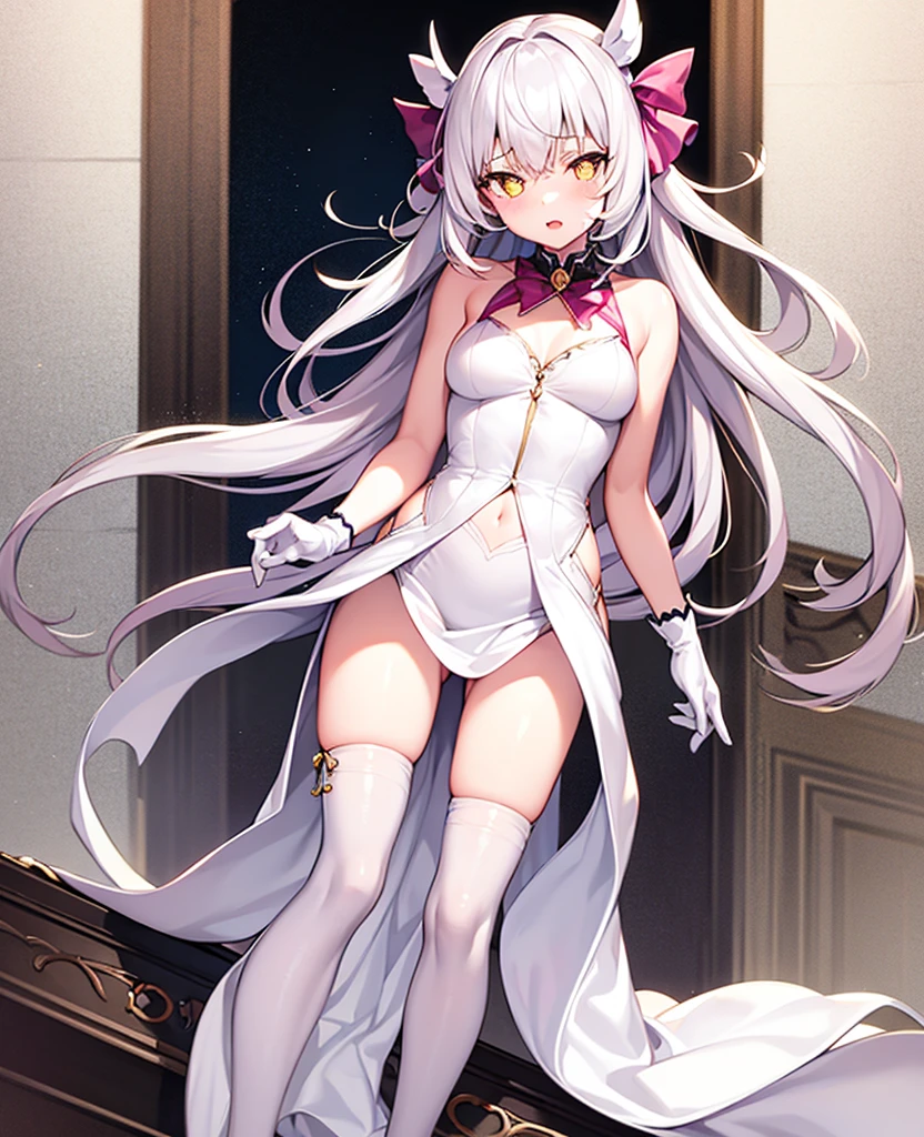 1girl,masterclass,best quality, ultra-detailed, illustration,indoors, smile,cowboy shot, white choker, white leotard, white pantyhose, white wrist cuffs, low twin braids, le_malin_(listless_lapin)_(azur_lane),LeMalinLapin, fake animal ears, sleeveless, clothing cutout, rabbit ears, arms behind back, <lora:LeMalin_V7_8dim_e6:1>