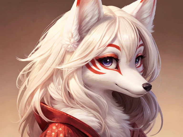 Furry art, breathtaking furry art, realistic furry, anthro white wolf, female wolf, black makeup, red eyes with black sclera, wearing red sweater, one hand is above the head, silver hairs, black ears, sensual, loona, claws, close-up,(pixelsketcher pikaflufftulf hioshiru artstyle), 75mm canon shot, ultra realistic, slim anthro,(white pupils), small wolf's chin, cute female anthro,( big eyes),(big hyrids)