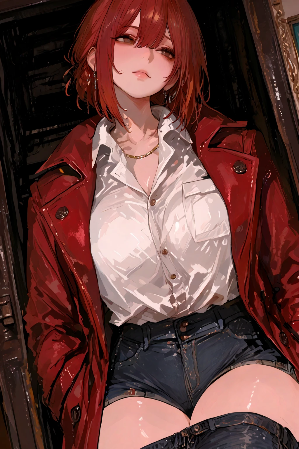 (masterpiece, Best quality:1.2), One, 1 girl, Red hair, yellow eyes, Unbuttoned shirt with collar, black unbuttoned trousers, Широкие Hips, very detailed beautiful face and eyes, beautiful skin, wet, ruddy, Perfect anatomical smile, Bright sunlight, Hips, широкие Hips, is sitting, armchair, spread legs, Атлетические Hips, erotica, shiver, full body, curvy, пухленькая, perfect body, big breasts, sweat, Relaxed, cum on face