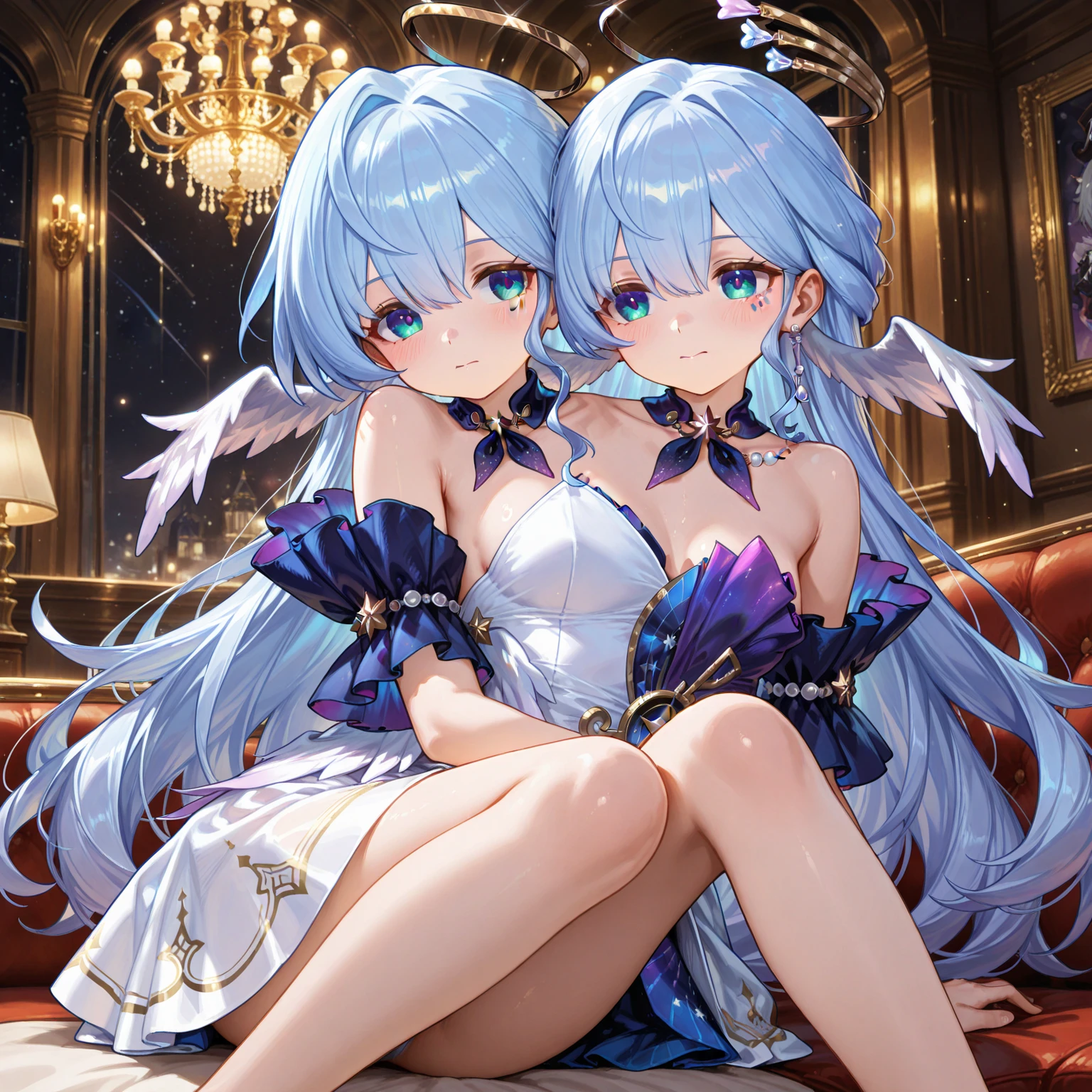 Masterpiece,best quality,best resolution,1 woman,2 heads,details,Firefly character,long gray hair,hair accessories,Blue and purple gradient eyes,blushing,Wearing a white dress with a black cloth draped over the shoulders with a gold pattern, long white sleeves..(blue cloth chest),wearing a long blue skirt,Wear long blue socks.,normal breasts,lying in bed,bedroom background,DSLR Photos, (8ก, 4K, Masterpiece),(Masterpiece, best quality), best resolution, (3 heads:1.5),Arms separated,arm circle, (Put your hands on your head...), (lower hand on ankle), (lower hand on leg), Full content in the frame, full body view, (four arms),(Multi-arm),(many hands), รูปร่างเพรียวบาง Masterpiece,best quality,best resolution,1 woman,many heads, upper body, smile, Facing the audience,big breasts,simple background,Beautiful face,Beautiful hair,beautiful eyes,beautiful body,Beautiful hands,conjoined twins
