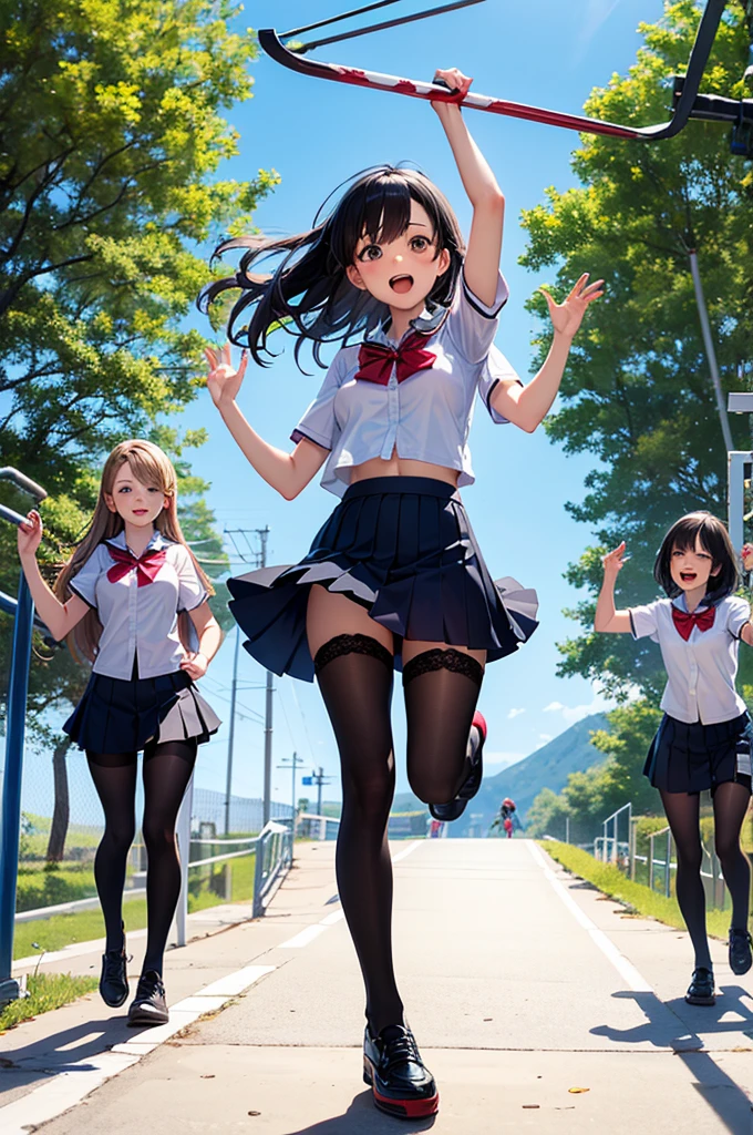 view from below,from behind,masterpiece,full color,Two high school girls who are close friends, stage,sailor suit,((I will show you my beautiful thighs in perfect erotic thong panties and obscene panties、Low - Angle:1.4、multiple girls wearing blazers, A black pleated skirt flutters in the strong wind, a large crowd gathers, Warkina'step piece, highest quality, very detailed、winter、Yuki、Christmas tree、santa claus costume、after school,((Short hair with plump butt、Beautiful smile、Huge 、Commuting to school、old station、adultery、((pantyhose))、((emphasize the buttocks))