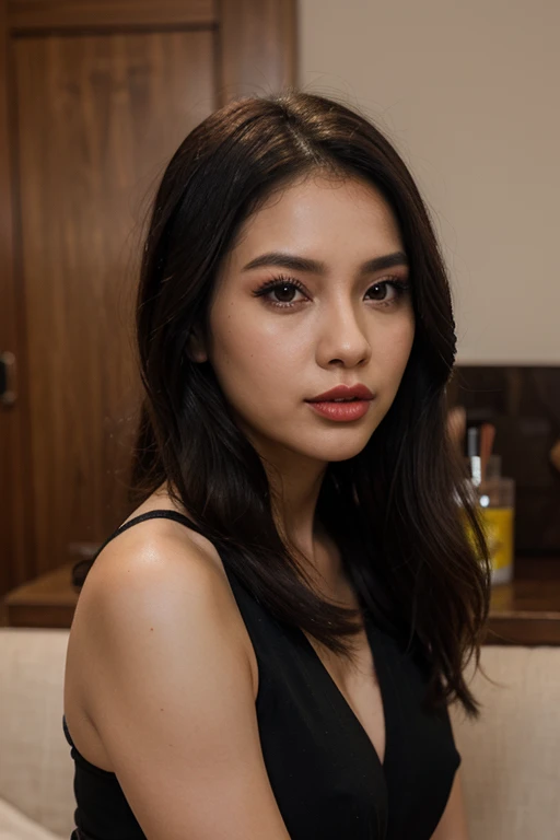 "Create a portrait of a beautiful 35-year-old woman with a white fair complexion. She has long black hair, a mid-length, slightly elongated face with soft, well-defined features, a slightly chubby but not overly rounded face, expressive black eyes, and a warm smile. The image should focus on her face, capturing her natural beauty and elegance." Old b/w picture rusty