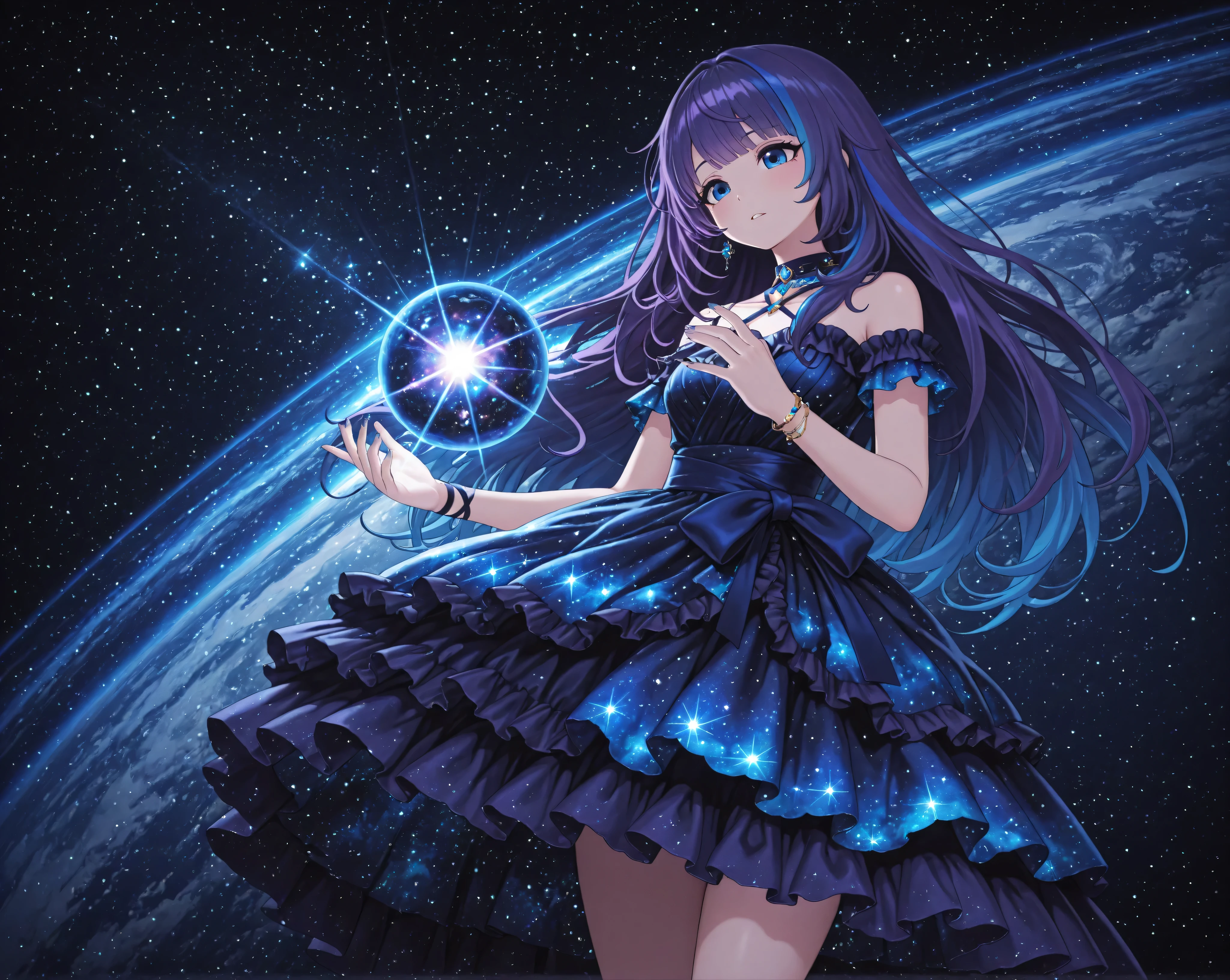 virtual youtuber, aoi_costume4, multicolored hair, streaked hair, purple hair, blue hair, long hair, blue eyes,{{masterpiece}}}, {{{best quality}}}, {{ultra-detailed}}, {illustration}, {{an extremely delicate and beautiful}},anime style,1girl, long dress, ruffled dress, galaxy print dress,galaxy, space,