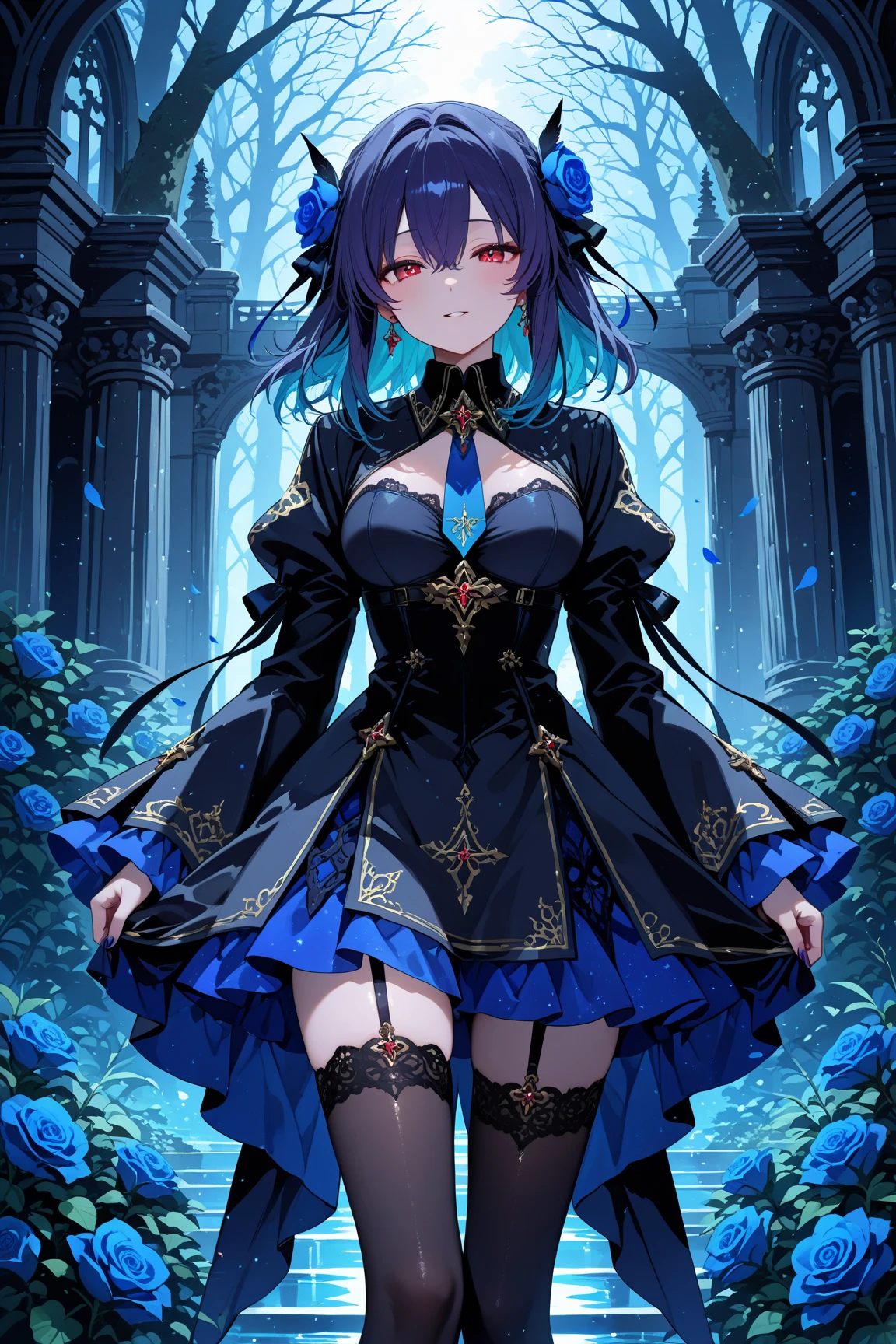 masterpiece, best quality, absurdres, perfect antomy, 1girl, blue hair, yellow eyes, medium breasts, from behind, standing, back tattoo, back, backless dress, backless outfit, bare back, bare shoulders
