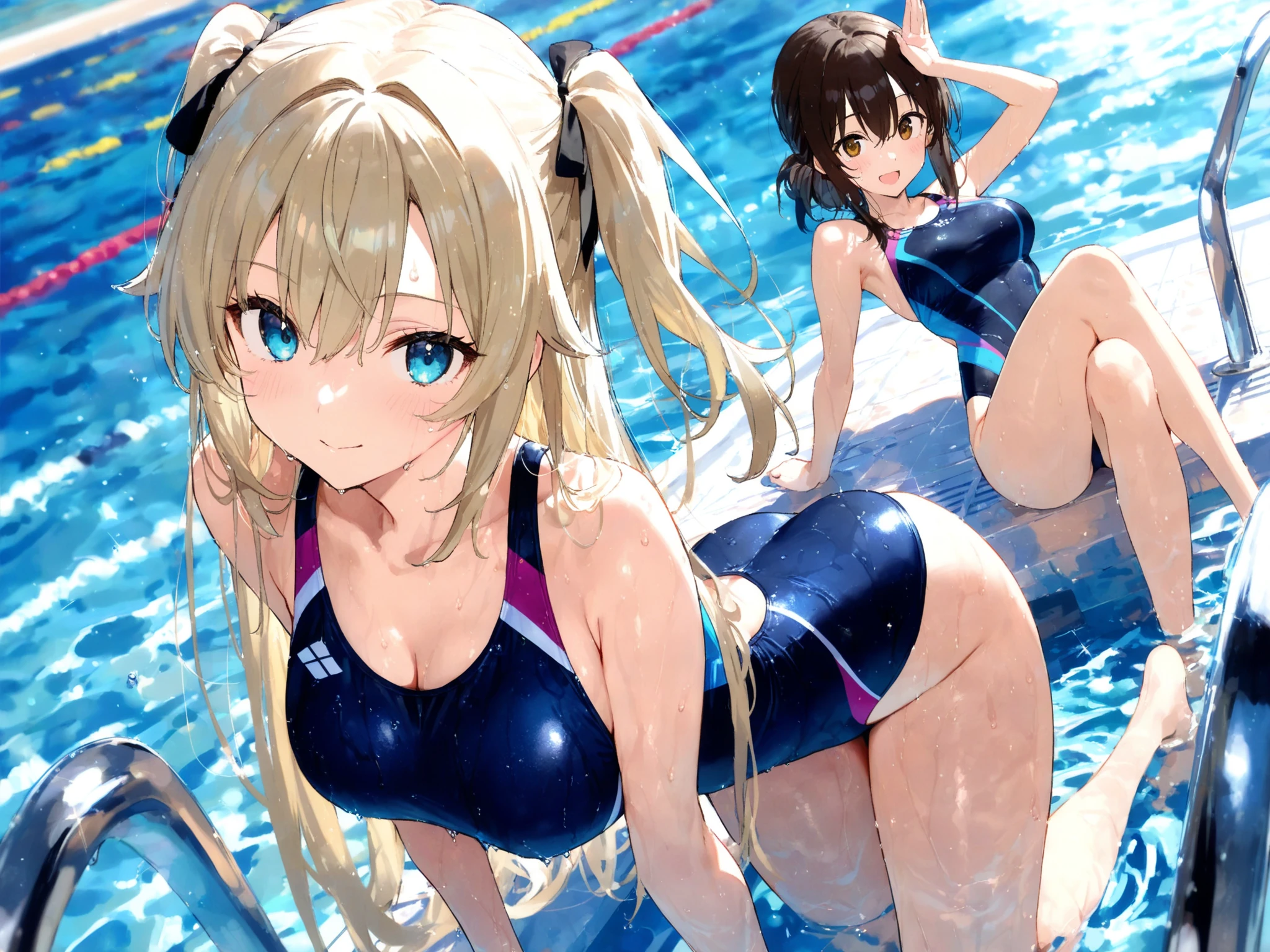 ((2D Beautiful Girl、highest quality、Perfect Finger 1.3、Perfect Anatomy 1.3、Very delicate and beautiful illustrations))、Cute  girl、(Conversion Sequence)、((Swimwear))、14 years、Slender beautiful girl、Fractal Art、Baby Face、((Straight Long Hair))、Big droopy eyes、Laughter、Full-body display、（1 person）、Long sleeve、School swimming pool、standing、